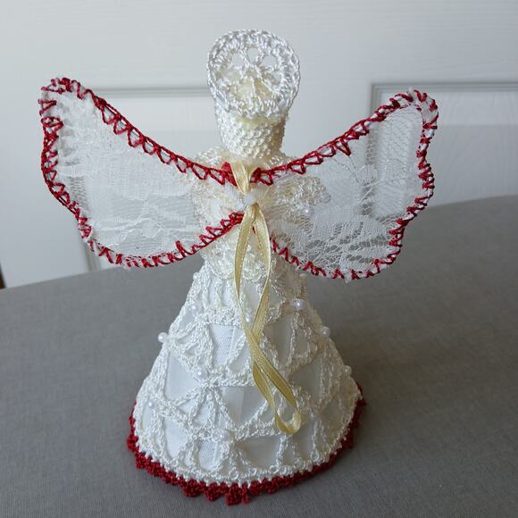 Lace Angel Tree Topper Ornament 6.5" tall handmade crochet beadwork roses - Picture 3 of 8